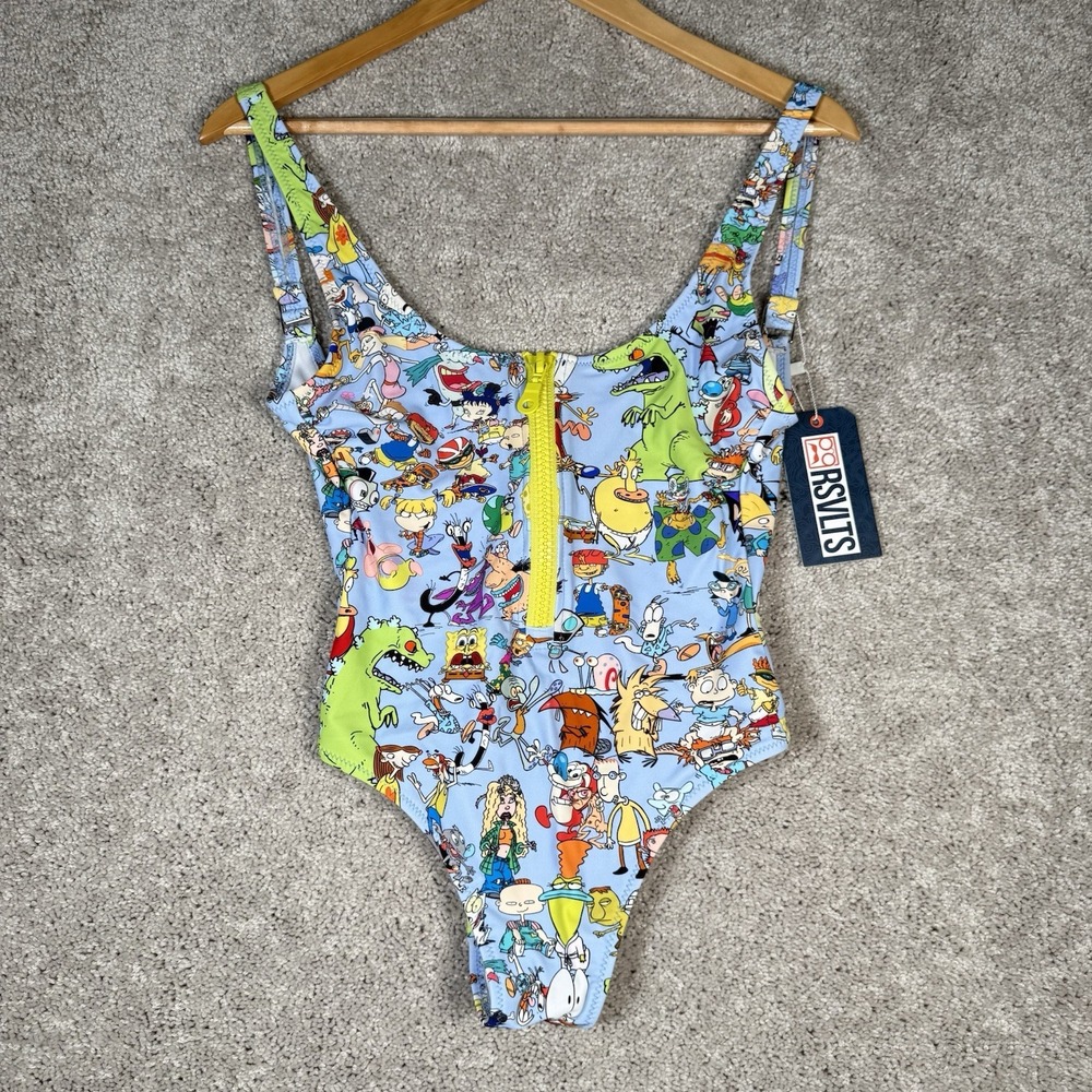 RSVLTS 90's Mash Up Nickelodeon Character One Piece Swimsuit Womens Small Zip Up